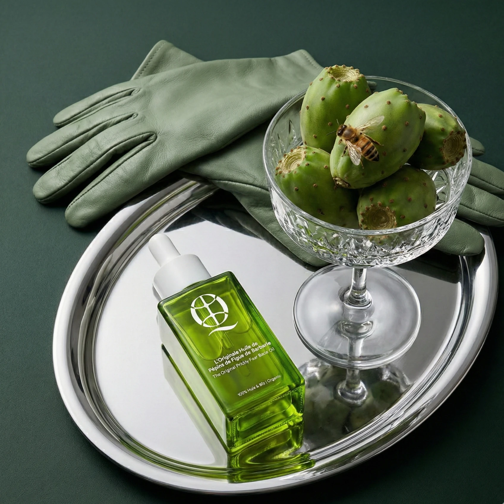 Huile de pépins de figue de barbarie bio Quedebio en flacon compte-gouttes, nature morte